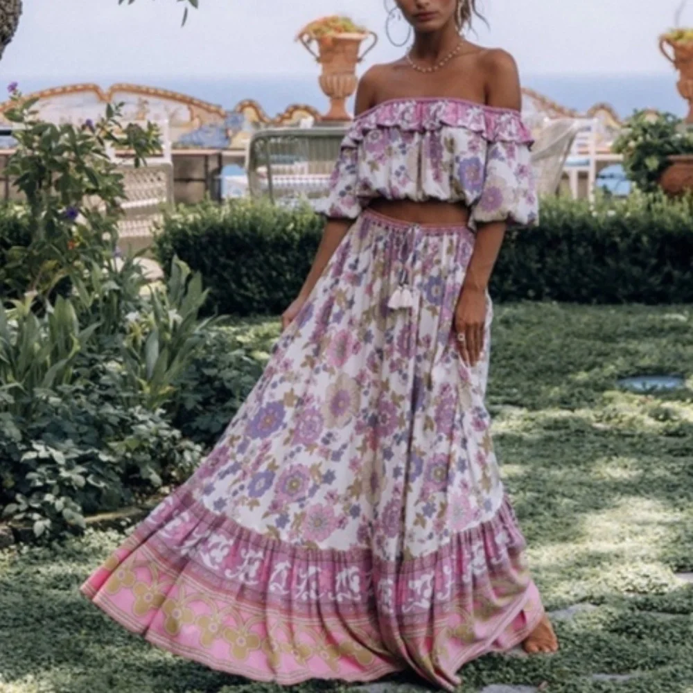 Waverly Boho Pink Floral Print Off Shoulder Crop top Maxi Skirt Set - Picture 2 of 16